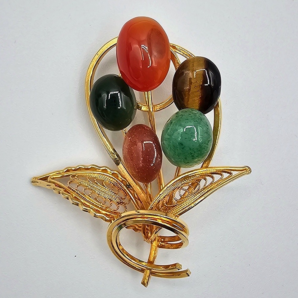 Floral Bouquet Brooch Gold Tone Multi-Color Semi-Precious Stone Filigree